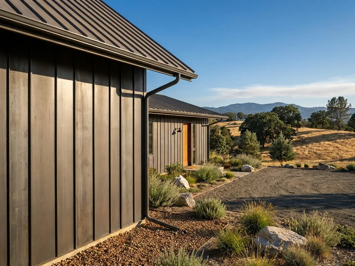 Exterior detail of a metal-clad home showing standing seam roofing, vertical wall panels, and a downspout discharging away from the wall.