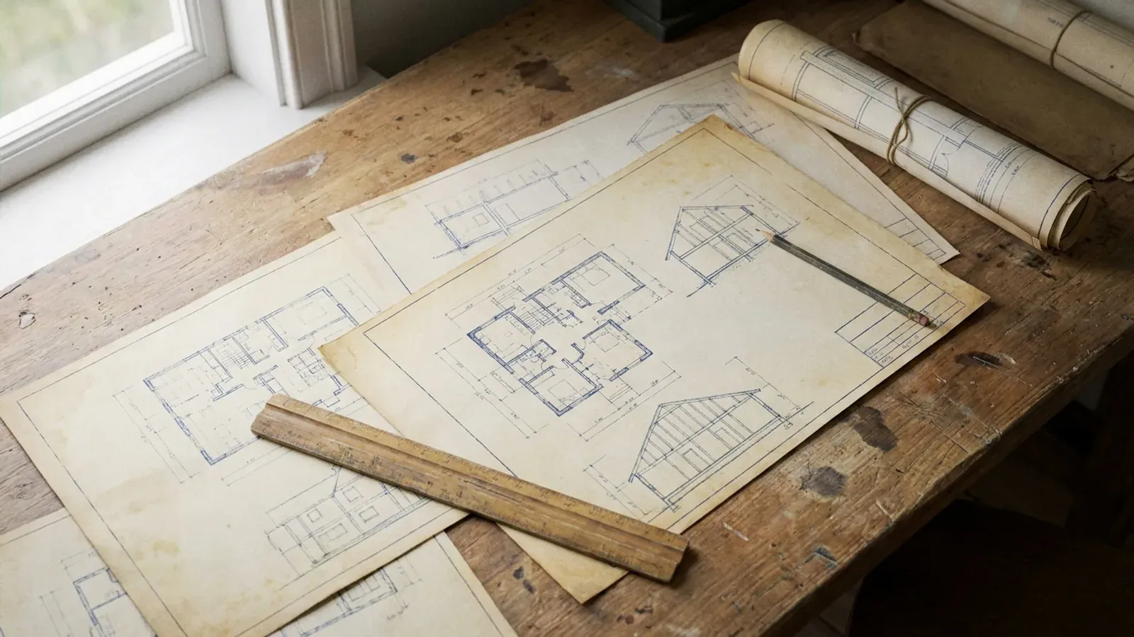 Overhead view of architectural floor plan and structural elevation drawings spread on a workbench with a scale ruler and pencil.